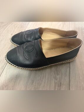 Chanel Lambskin CC Espadrilles Flats Black  Size 38 Dust Bag